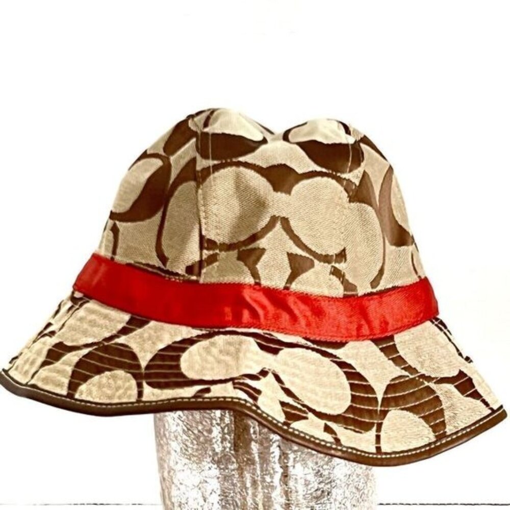 Authentic Coach Canvas Monogrammed Beige Orange Bucket Hat Womens M L Host Pick